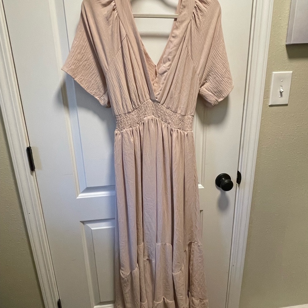 Baltic Born Beige/Blush V-Neck Smocked Waist Maxi Dress